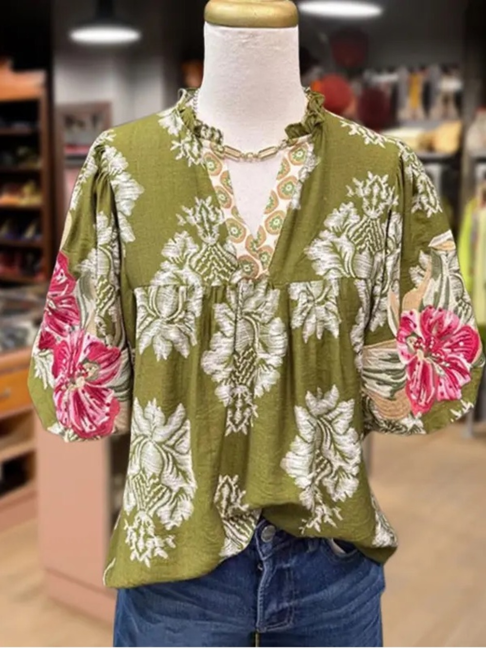 Olive Green Floral V‑Neck Short Sleeve Tunic with Embroidered Cuffs